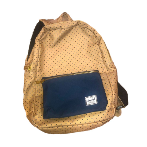 HERSCHEL Supply Co Beige Tan & Navy Blue Polka Dot Back Pack GUC - Picture 1 of 10